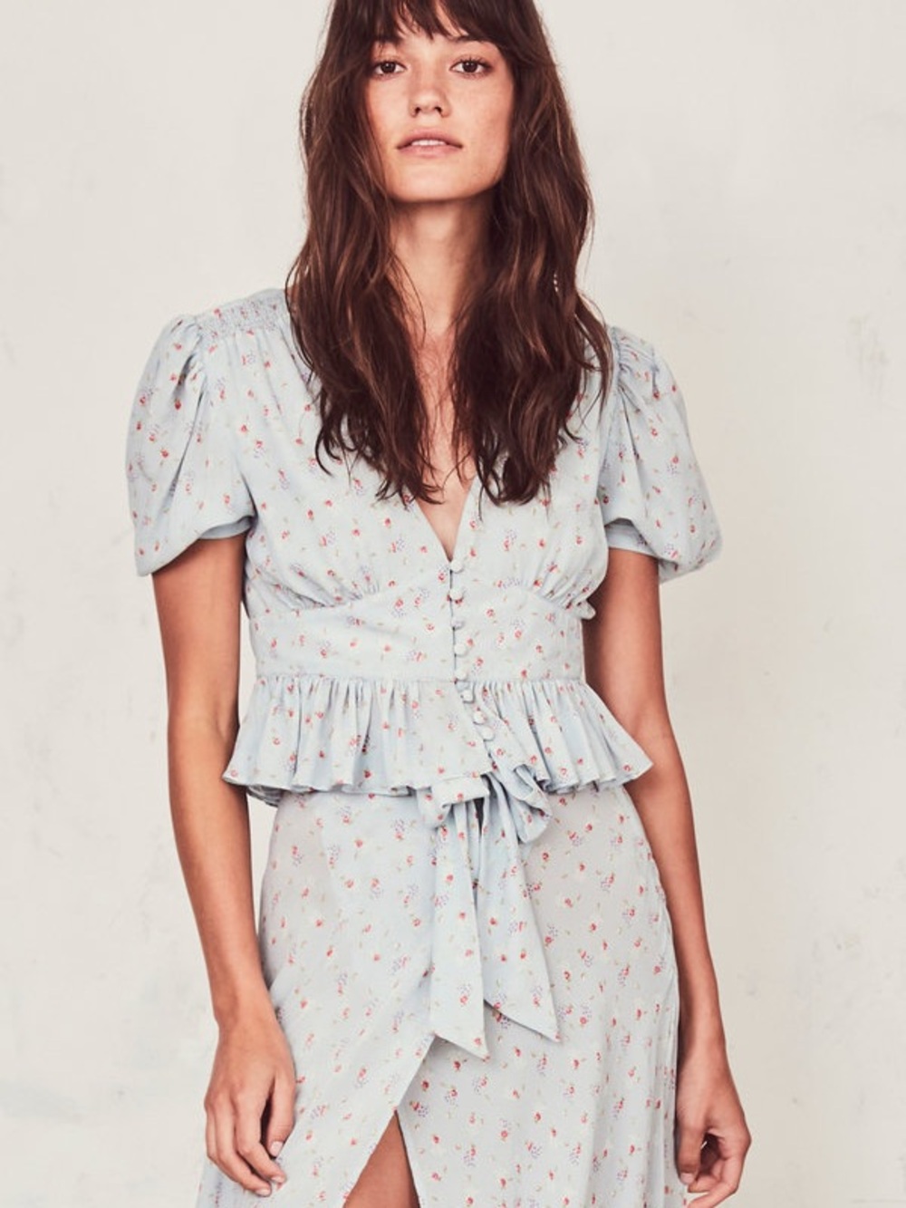 LoveShackFancy Pale Blue Floral Ruffle Peplum Top
